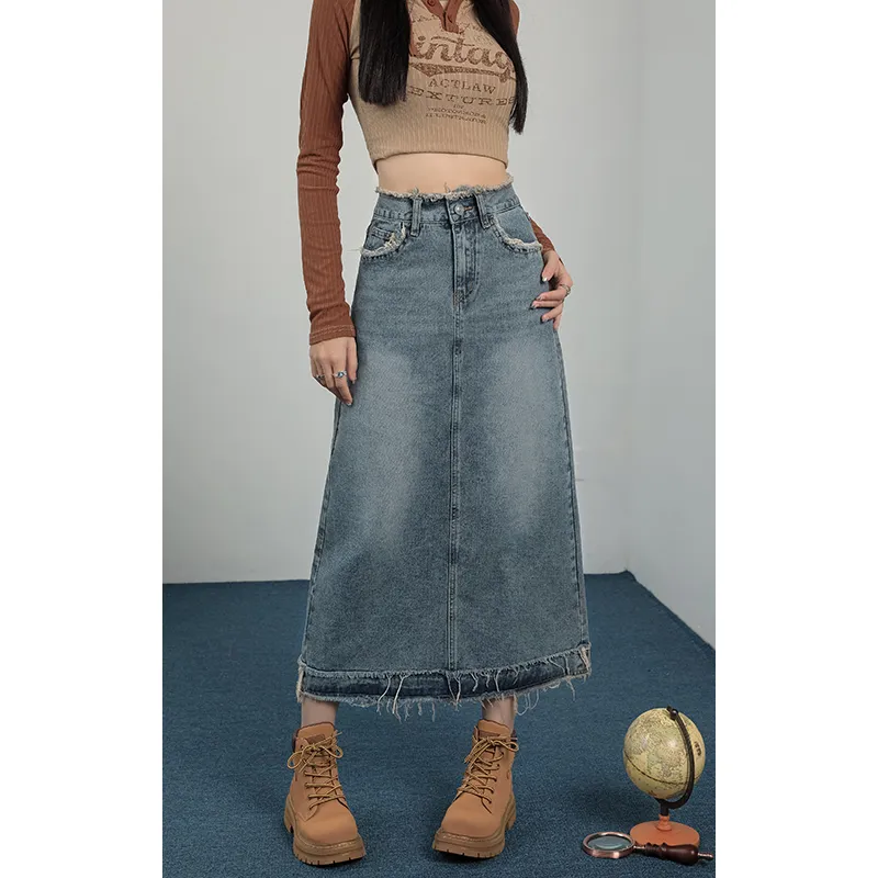 ORIGIN 2025 Summer Frayed Edge Denim Midi Skirt For Women's Women's-2