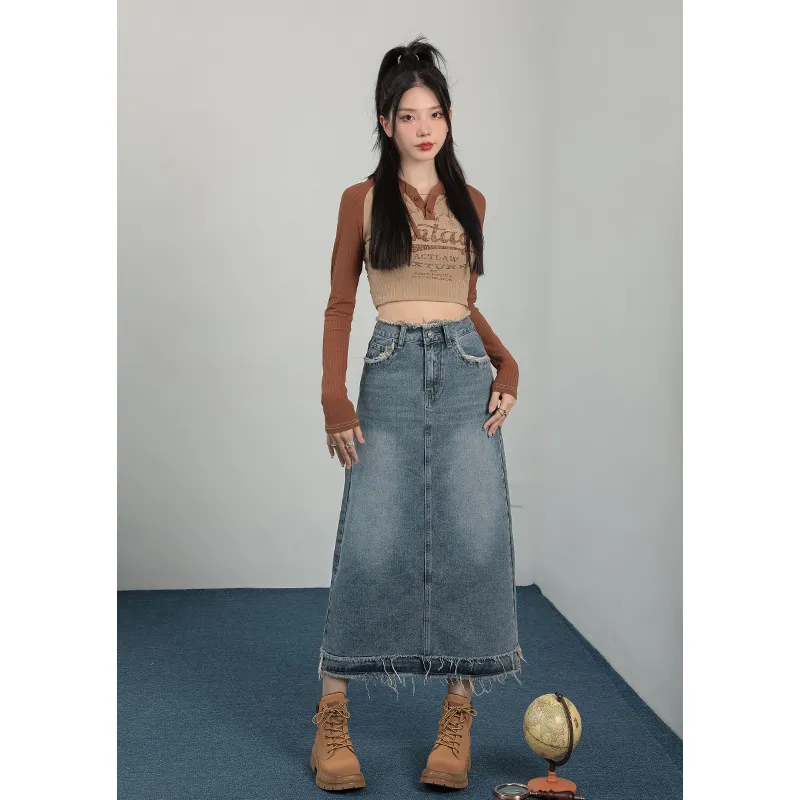 ORIGIN 2025 Summer Frayed Edge Denim Midi Skirt For Women's Women's-5