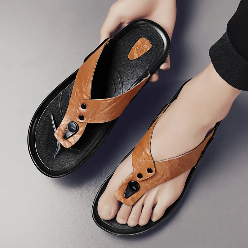 Eminu Leather Patchwork Flip Flops Men's-12