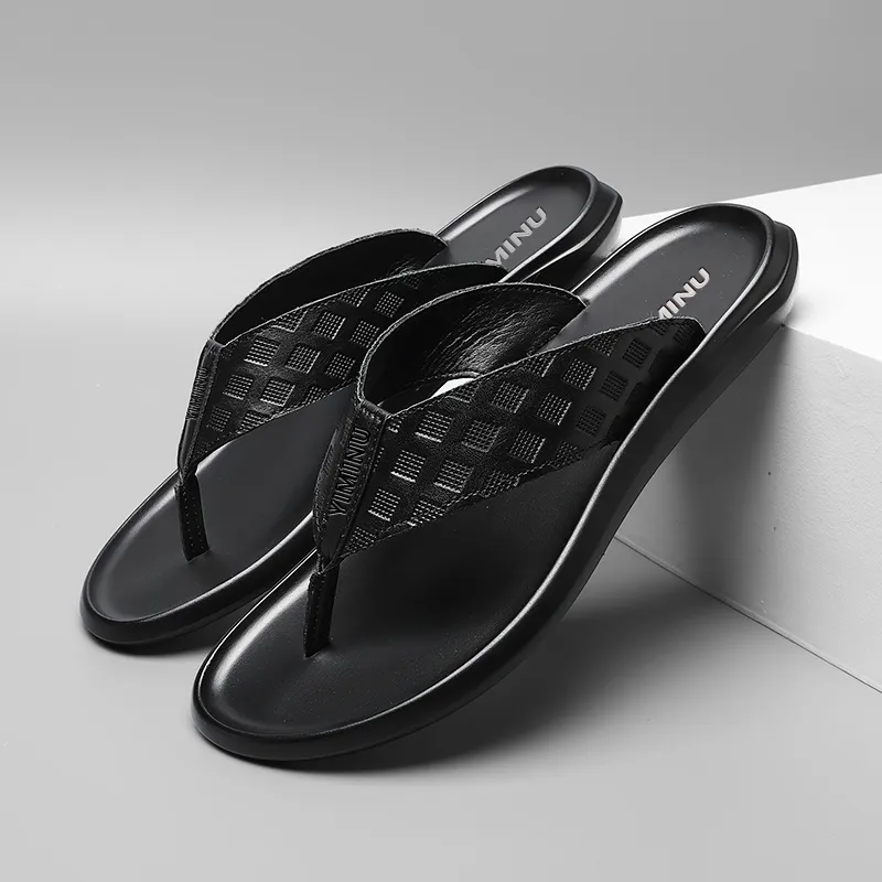 Eminu Rubber Sole Totem Stitching Leather Patchwork Slip Resistant Flip Flops Men's Black-11