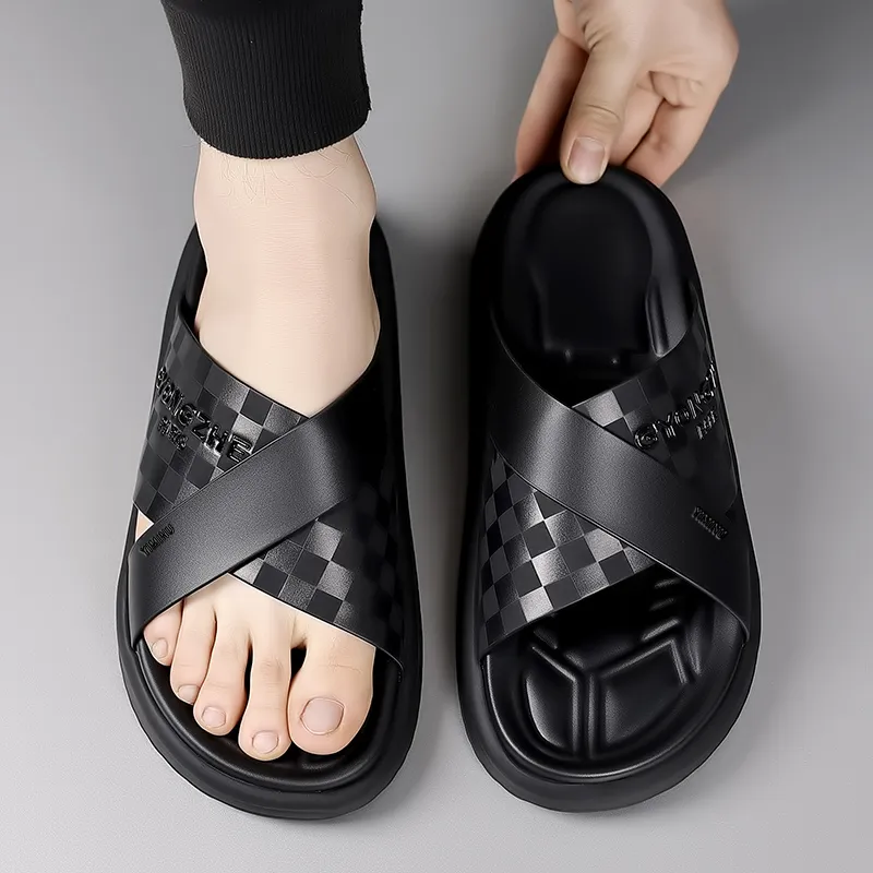Eminu Rubber Sole Leather Patchwork Quick Dry Slide Slippers Men's Black-4