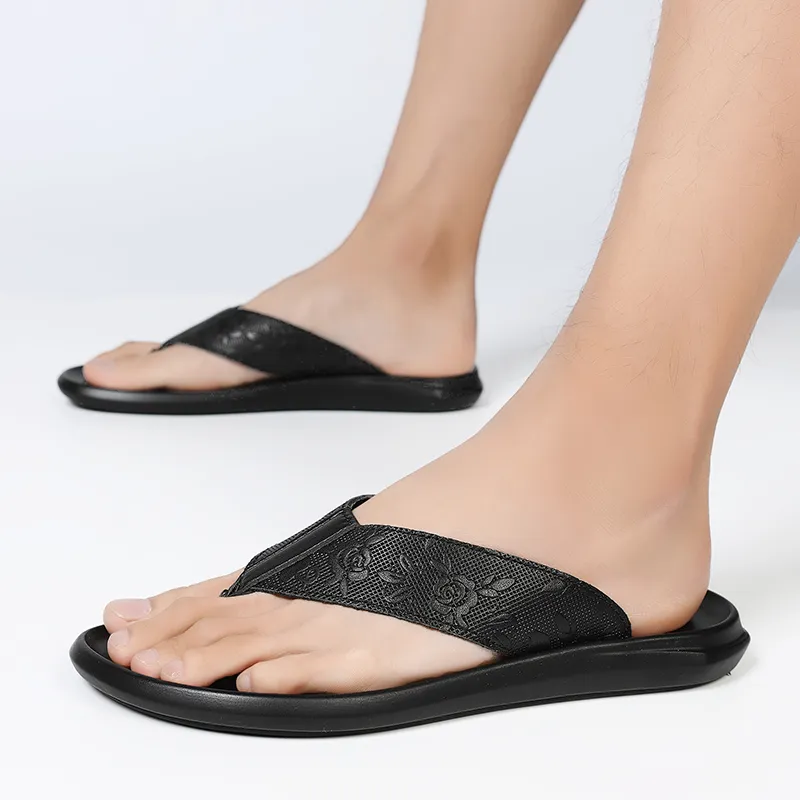 Eminu Rubber Sole Totem Stitching Leather Patchwork Slip Resistant Flip Flops Men's Black-9