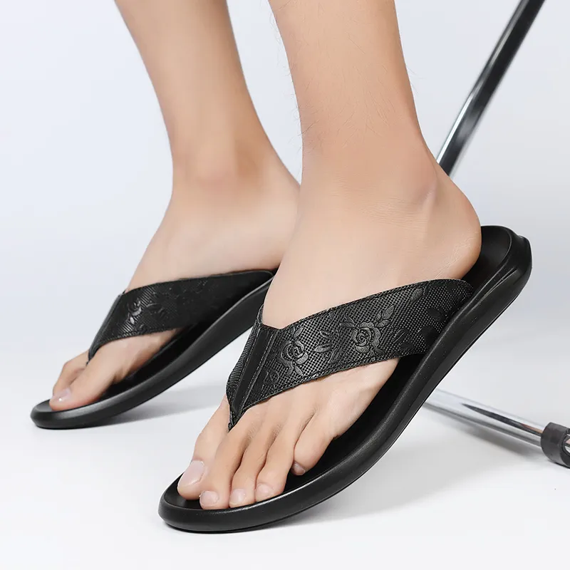 Eminu Rubber Sole Totem Stitching Leather Patchwork Slip Resistant Flip Flops Men's Black-8