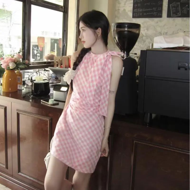 BDGU Sleeveless Dress Women's Pink Plaid-4