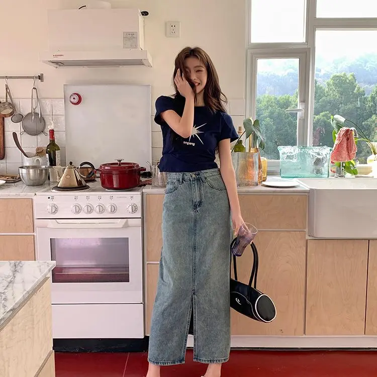 BDGU Denim Long Skirt Women's Blue-3