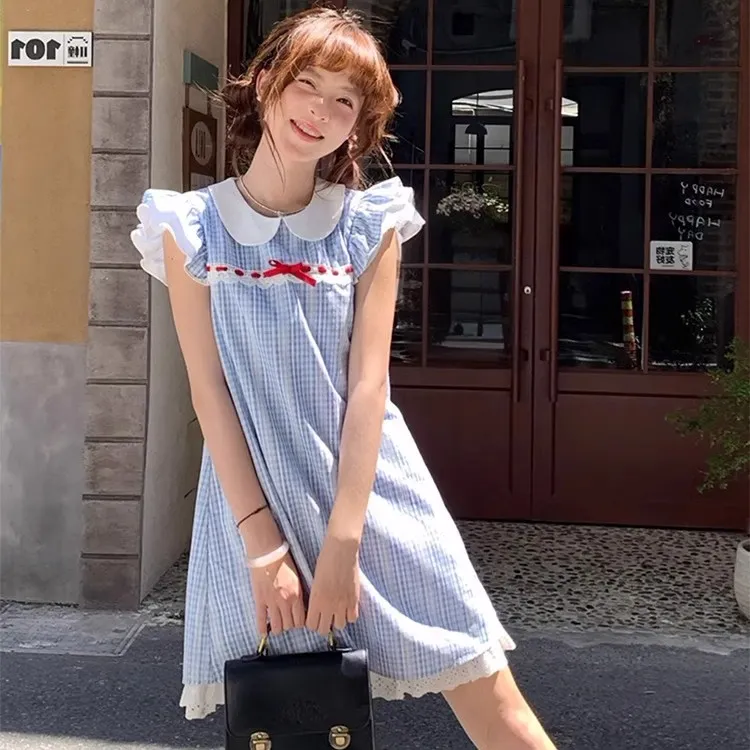 BDGU Short Sleeved Dress Women's Blue Plaid-2