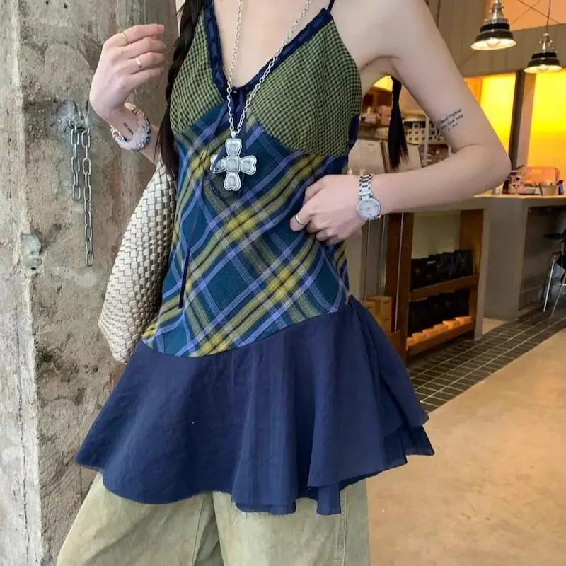BDGU Slip Dresses Women's Yellow Green Plaid-3