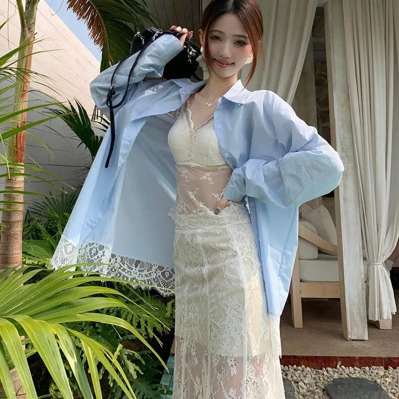 BDGU Skirt Set Women's Blue And White Lace Two Piece Set-3