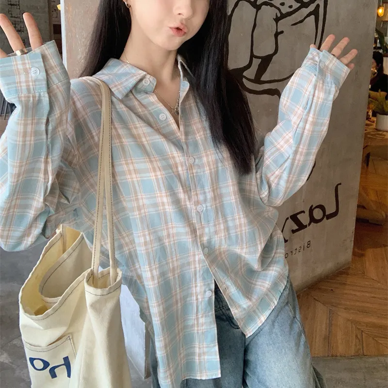 ARIADNAW STUDIO Shirt Women's Light Blue Plaid-6