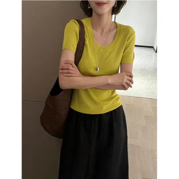 ATUXIU Knitwear Summer Korean Elegance Straight Fit Slimming Base Layer Women's