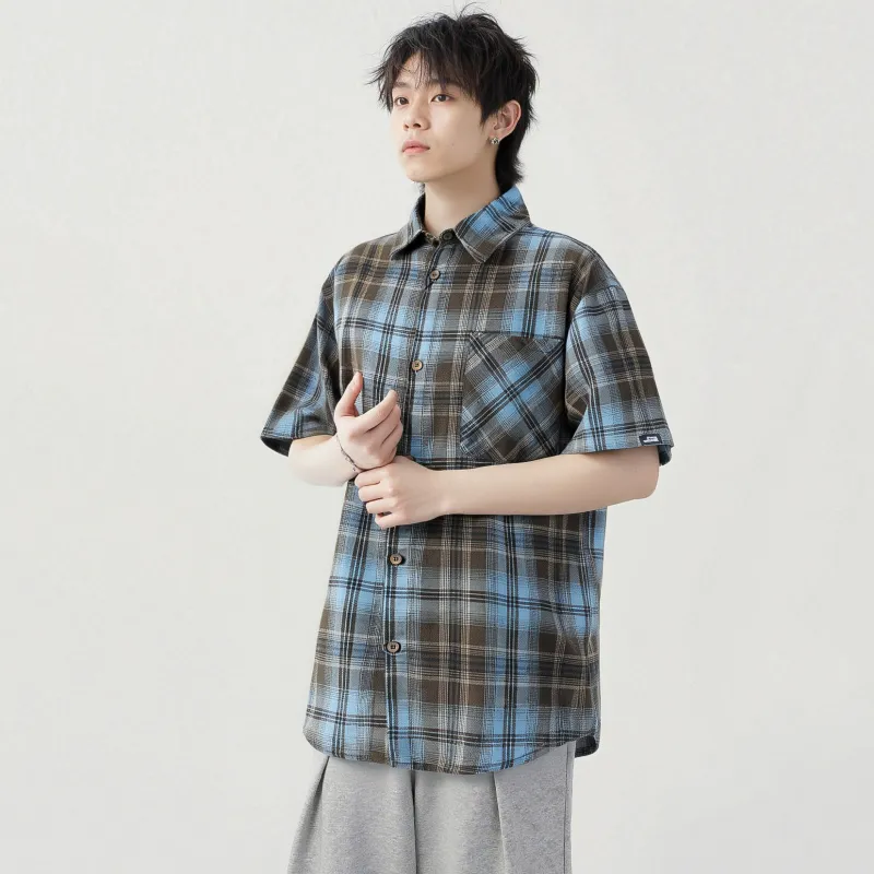 FAKE VINTAGE Shirt Unisex Blue Brown Plaid-3