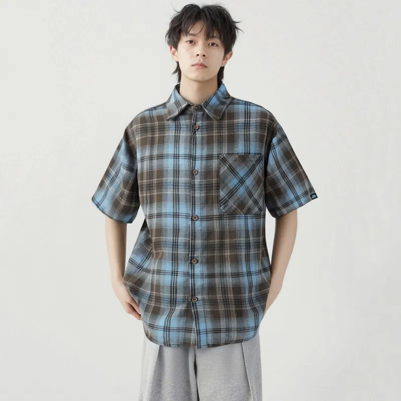 FAKE VINTAGE Shirt Unisex Blue Brown Plaid-2