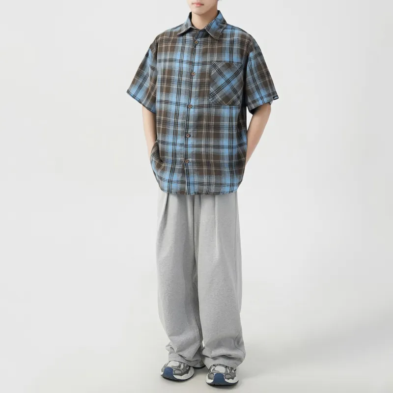 FAKE VINTAGE Shirt Unisex Blue Brown Plaid-4