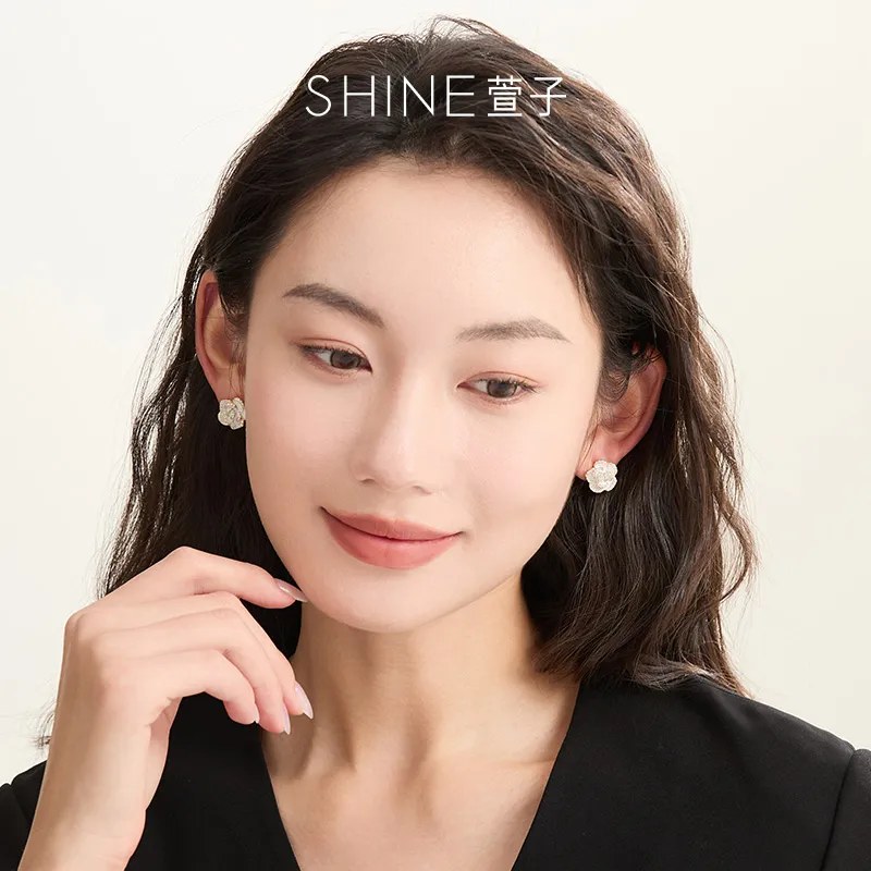 SHINE Camellia Series S925 Silver Stud Earrings Women's-3