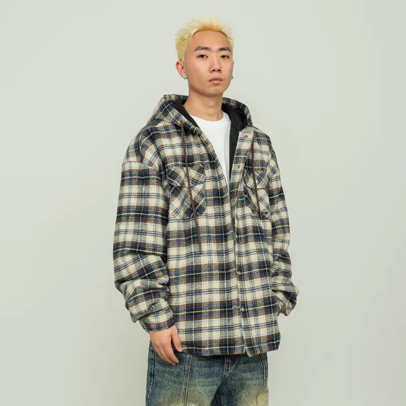 Makemore Puffer Jacket Men's Brown Blue Plaid-3