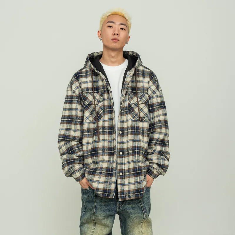 Makemore Puffer Jacket Men's Brown Blue Plaid-1