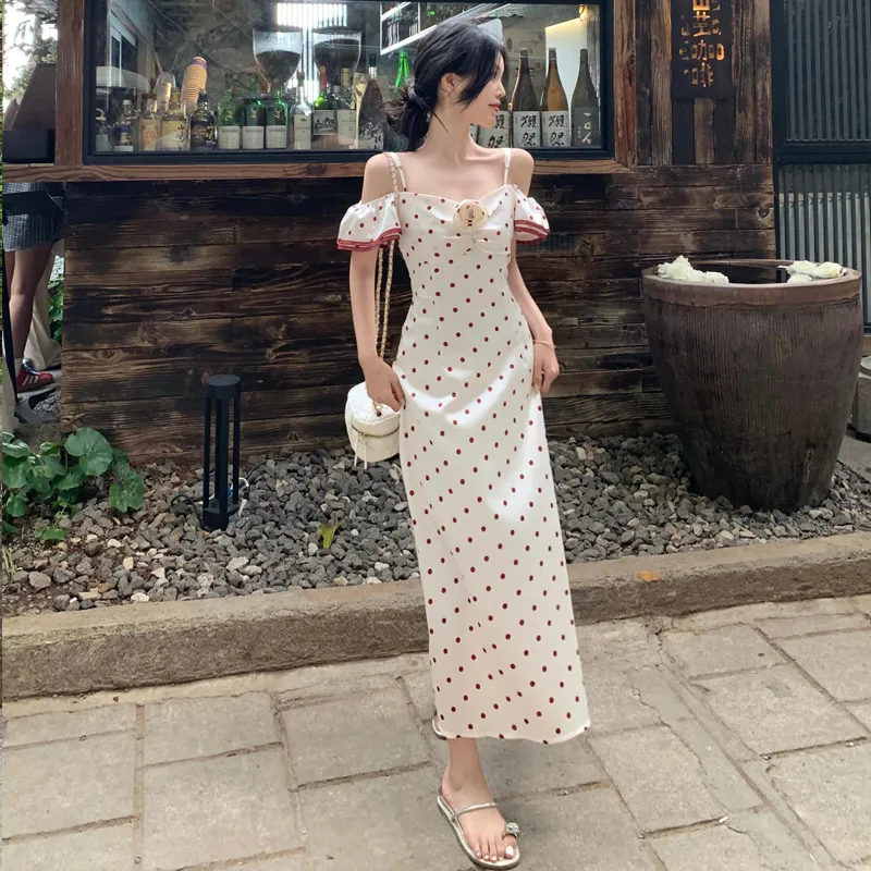 Dippanis Short Sleeved Dress Women's White Polka Dot-3