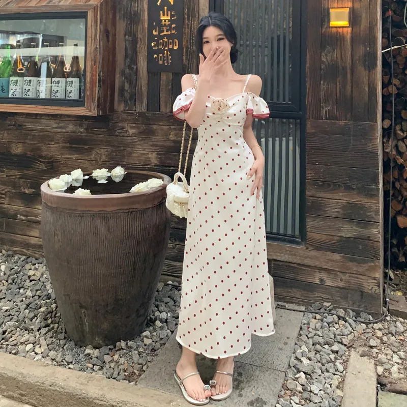 Dippanis Short Sleeved Dress Women's White Polka Dot-4