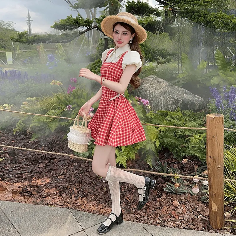 Dippanis Short Sleeved Dress Women's Red Plaid-6