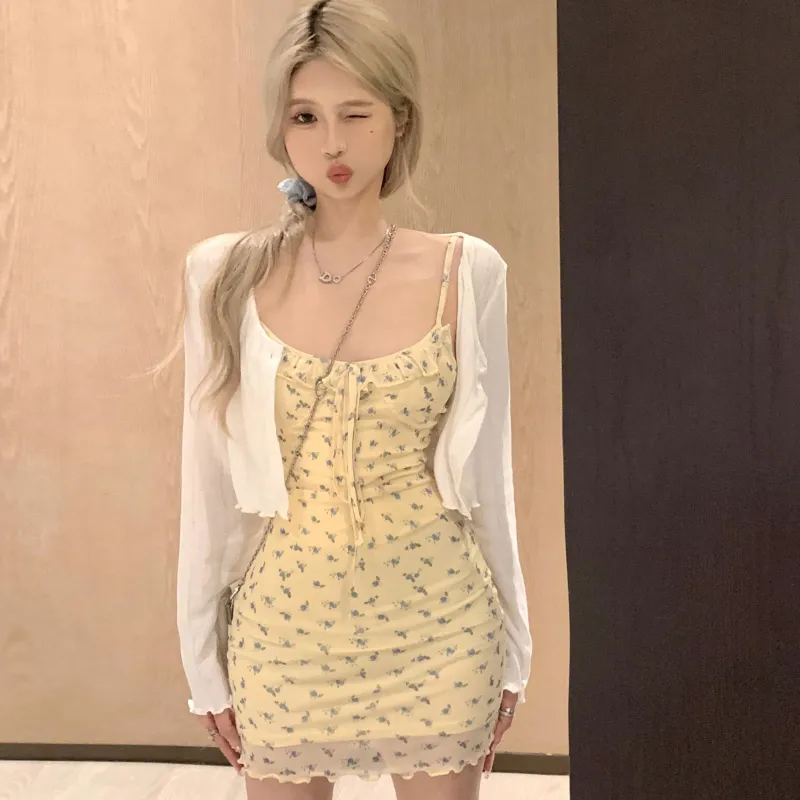 Dippanis Two Piece Skirt Sets Women's Yellow Camisole Dress+White Cardigan Shopping Bag-4