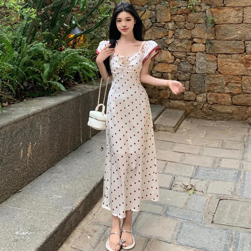 Dippanis Short Sleeved Dress Women's White Polka Dot-2