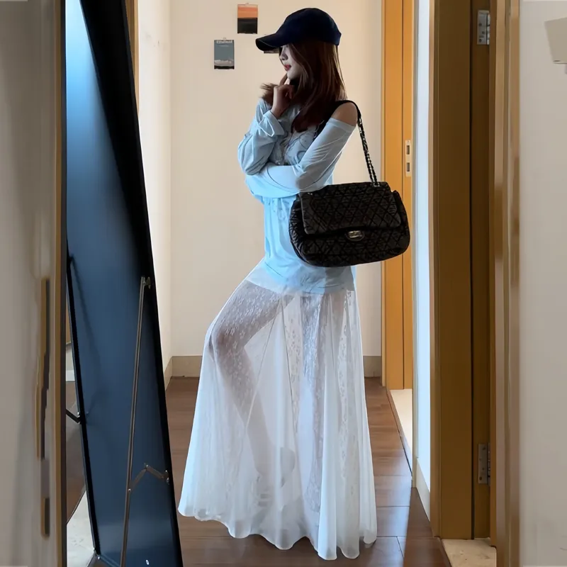 Dippanis Two Piece Skirt Sets Women's Blue Top+White Skirt Shopping Bag-1
