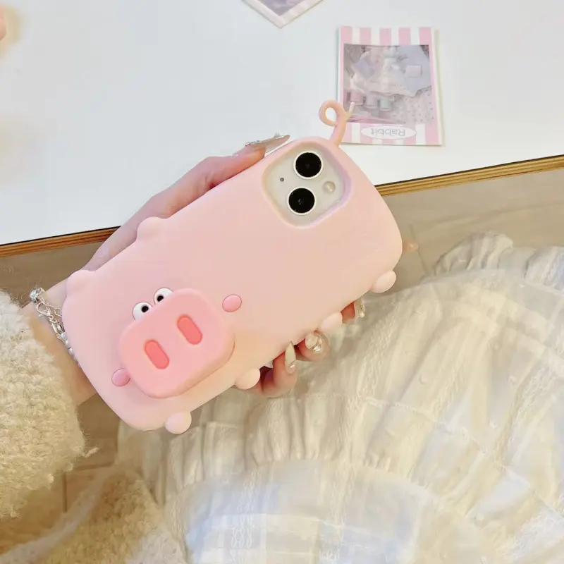 MAYGI TPU Material Cartoon Phone Case Stand Walking Pig Compatible With Apple IPhone 16/Pro/Pro Max/15/14/13-1