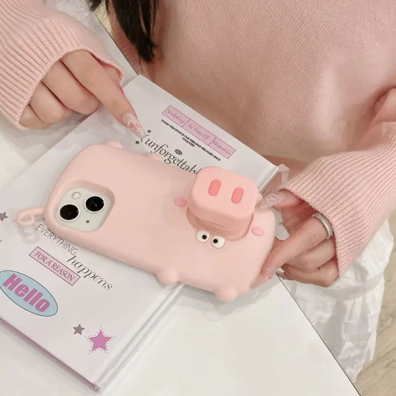 MAYGI TPU Material Cartoon Phone Case Stand Walking Pig Compatible With Apple IPhone 16/Pro/Pro Max/15/14/13-2