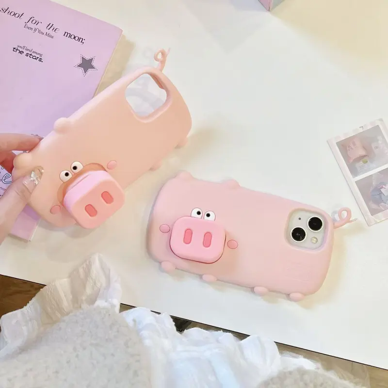 MAYGI TPU Material Cartoon Phone Case Stand Walking Pig Compatible With Apple IPhone 16/Pro/Pro Max/15/14/13-4