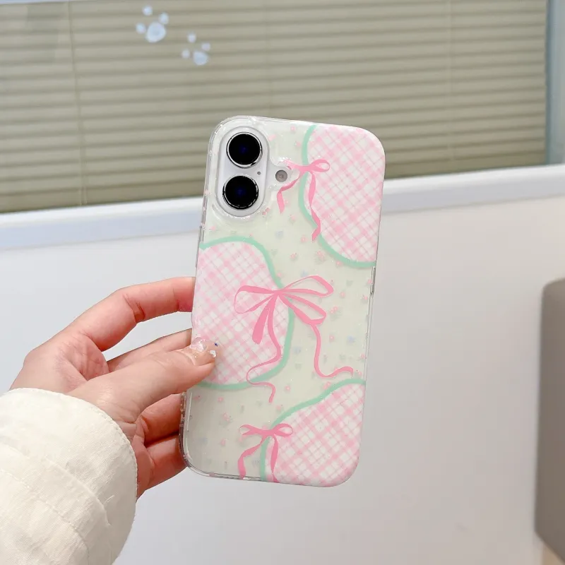 MAYGI TPU Material Glitter Phone Case With Pink Bowknot Compatible With Apple IPhone 16/Pro/Pro Max/15/14/13-1