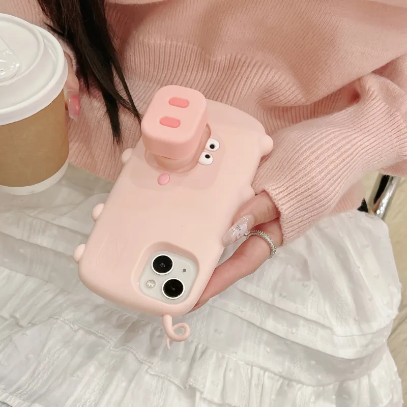 MAYGI TPU Material Cartoon Phone Case Stand Walking Pig Compatible With Apple IPhone 16/Pro/Pro Max/15/14/13-3