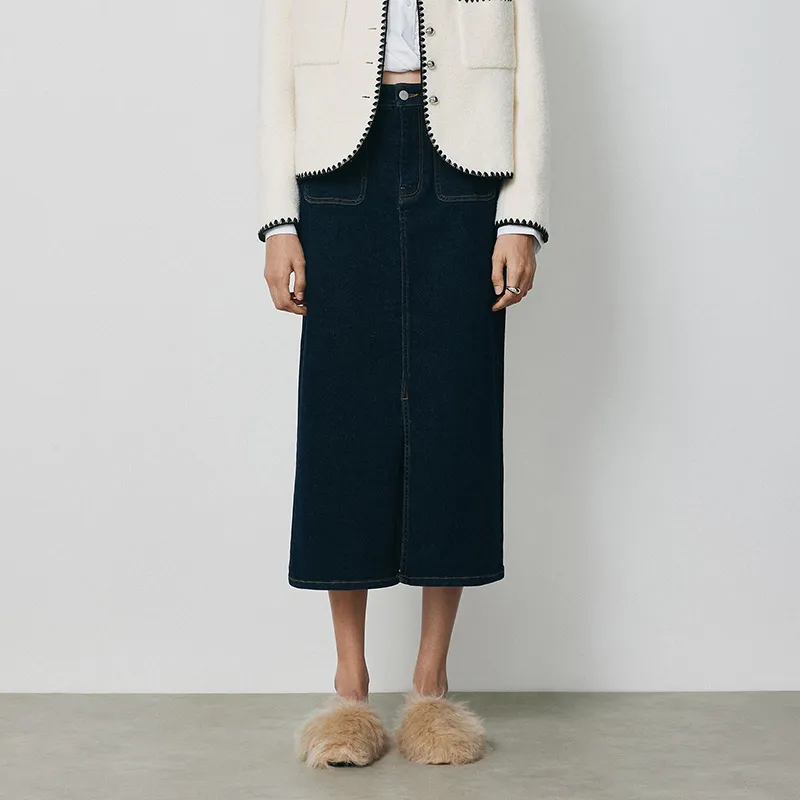 YANGZHIDAO Denim Long Skirts Women's Smoke Wave Denim Blue-2