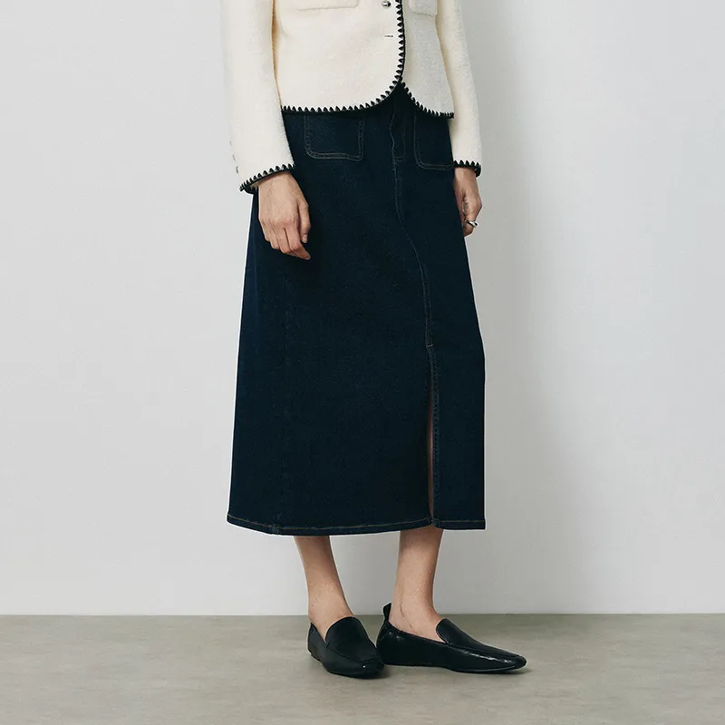 YANGZHIDAO Denim Long Skirts Women's Smoke Wave Denim Blue-4
