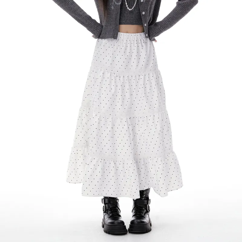 I'M ONE Casual Long Skirts Women's White Base With Black Spots-3