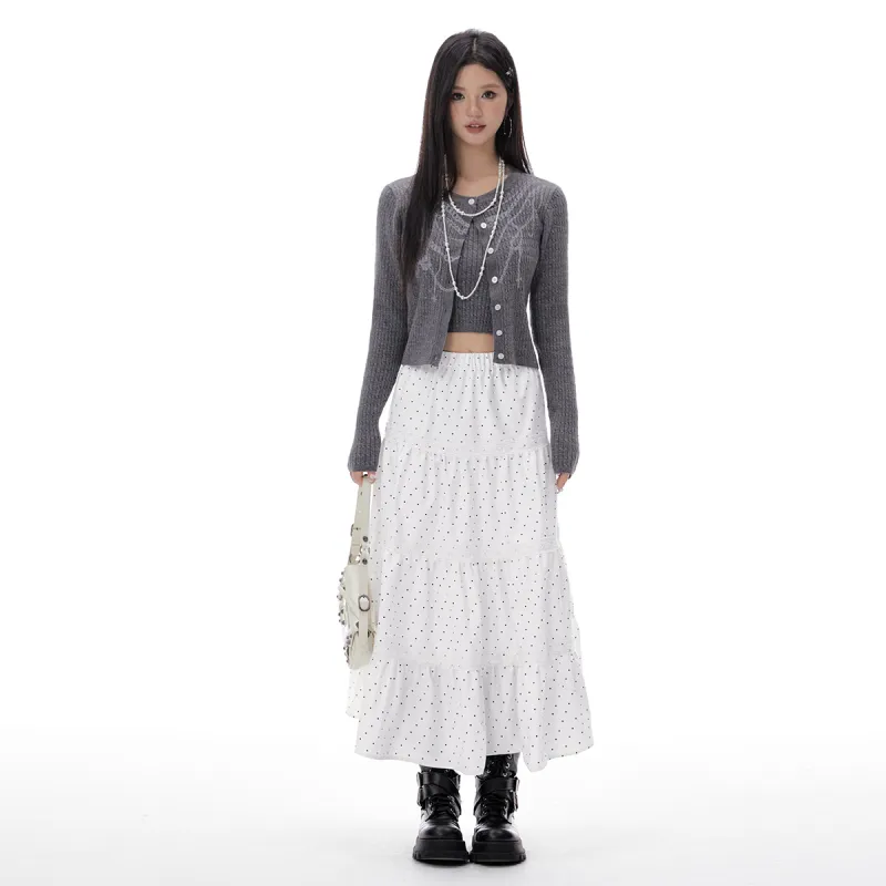 I'M ONE Casual Long Skirts Women's White Base With Black Spots-7