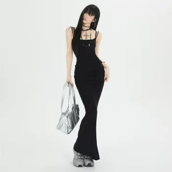 YINLEI Slip Dresses Women's Black
