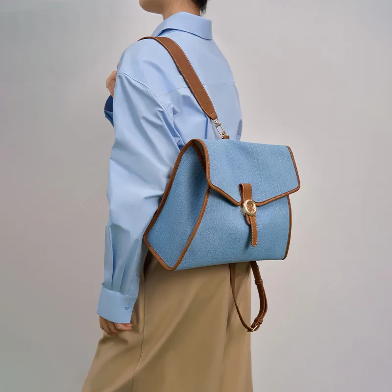 ZESH Denim Large Size Shoulder Bag Backpack Women's Denim Blue-3