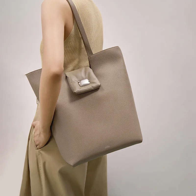 ZESH Cow Leather Handbag Shoulder Bag Large Size Women's Elephant Gray/Black-2