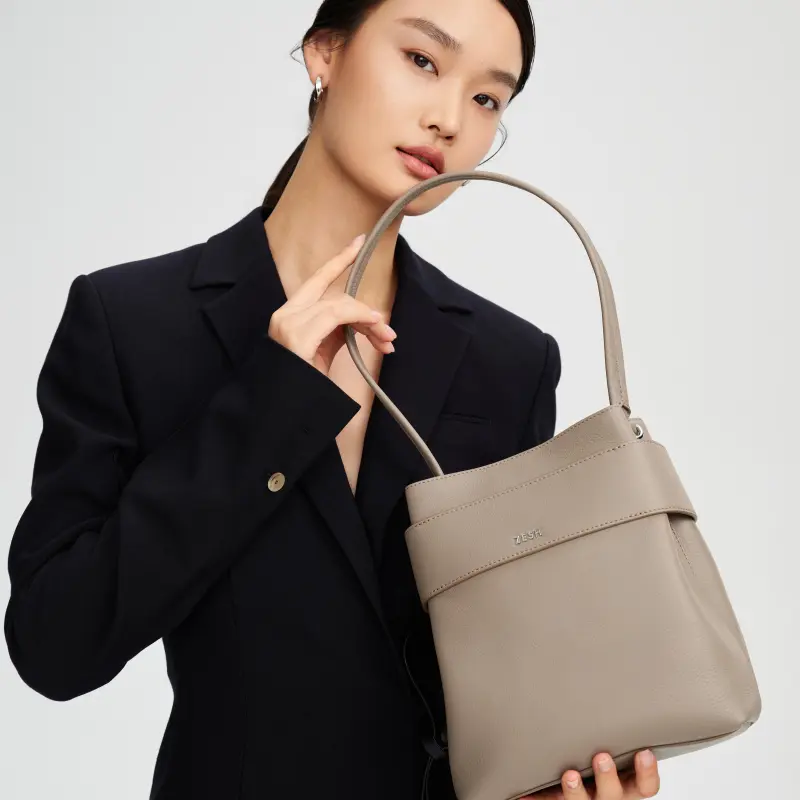 ZESH Medium Size Bucket Bag Shoulder Bag Niche Design Handheld Shoulder Bag Cow Leather Women's Multicolor-3