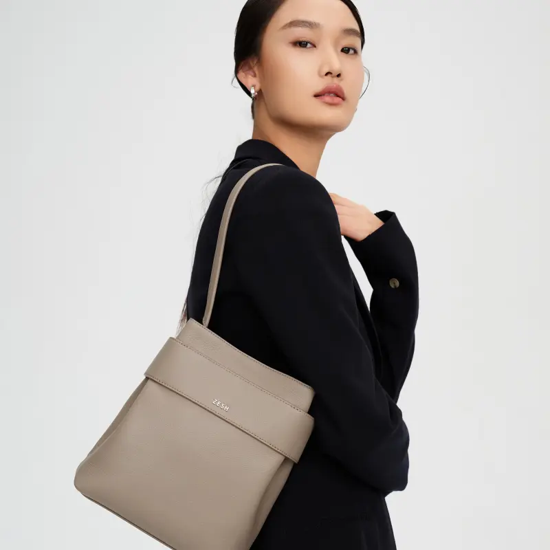 ZESH Medium Size Bucket Bag Shoulder Bag Niche Design Handheld Shoulder Bag Cow Leather Women's Multicolor-1