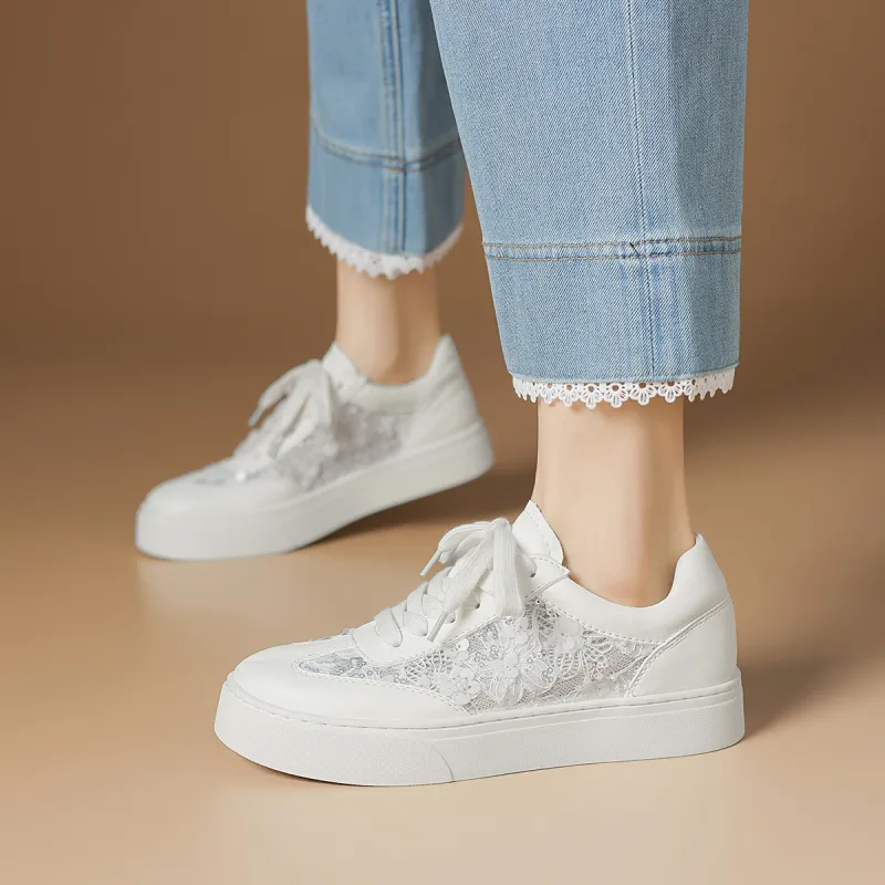 Rosa Bianca Breathable Height Increase Low Top Skateboard Shoes Women's White-1