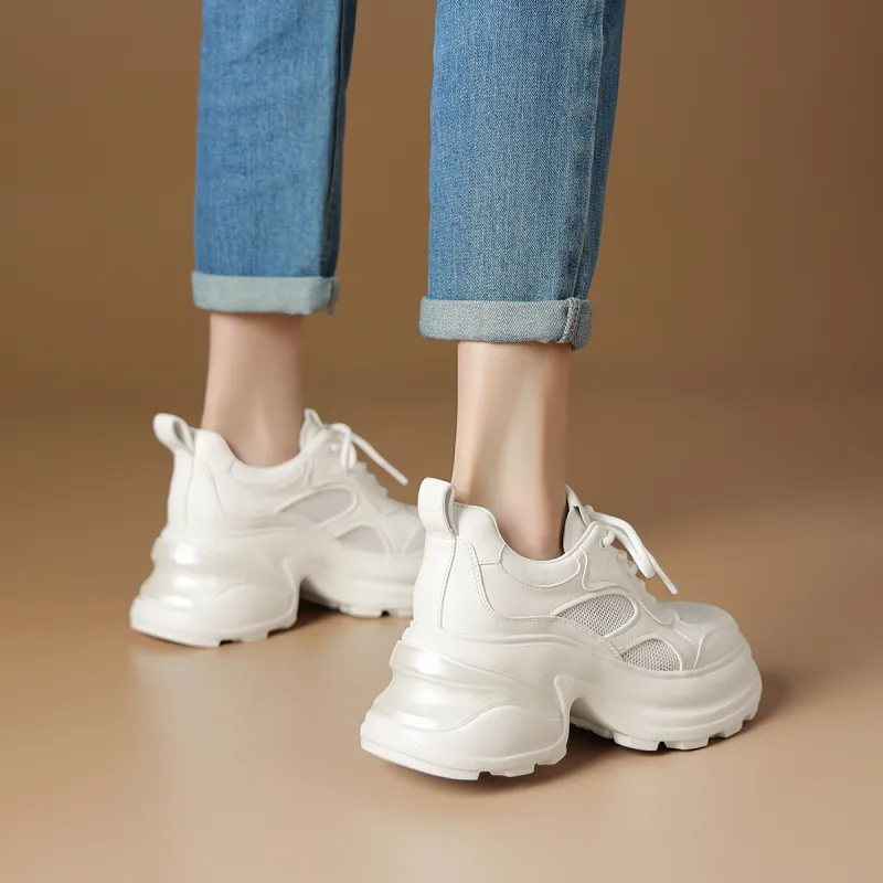 Rosa Bianca Breathable Lightweight Height Increasing Chunky Sneakers Women's White-6