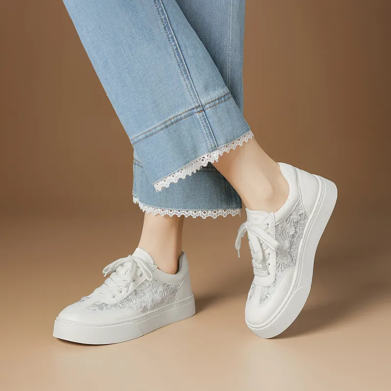 Rosa Bianca Breathable Height Increase Low Top Skateboard Shoes Women's White-5