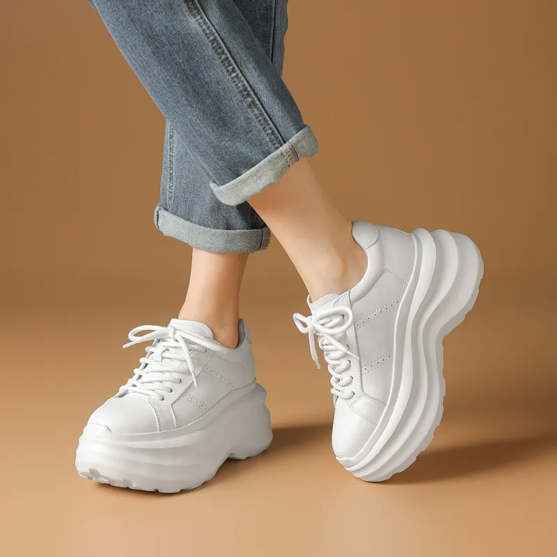Rosa Bianca Breathable Lightweight Height Increasing Warm Low Top Chunky Sneakers Women's White-3
