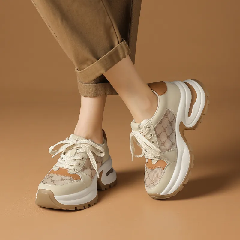 Rosa Bianca Breathable Height Increasing Low-Top Chunky Sneakers Women's Light Coffee-3