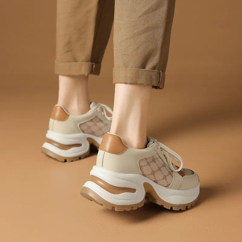 Rosa Bianca Breathable Height Increasing Low-Top Chunky Sneakers Women's Light Coffee-6