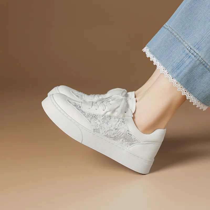 Rosa Bianca Breathable Height Increase Low Top Skateboard Shoes Women's White-3