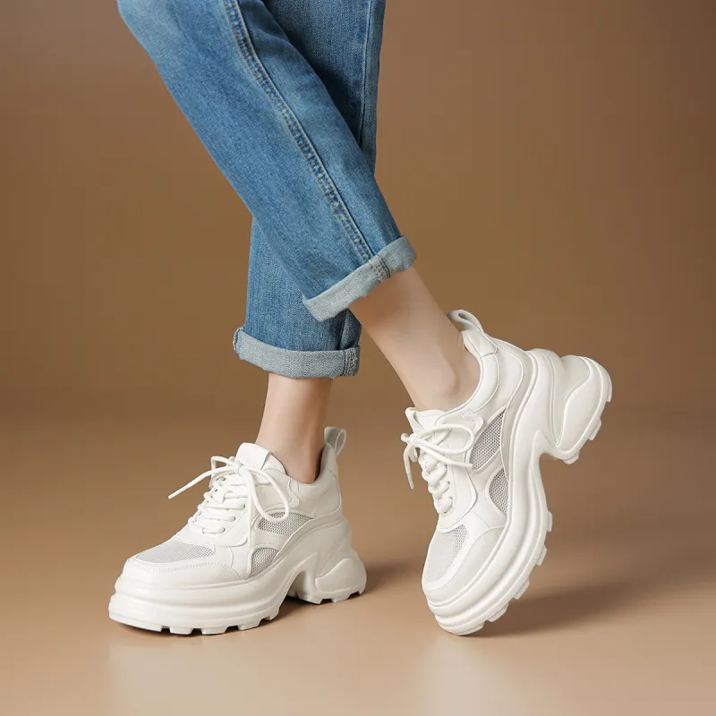 Rosa Bianca Breathable Lightweight Height Increasing Chunky Sneakers Women's White-5