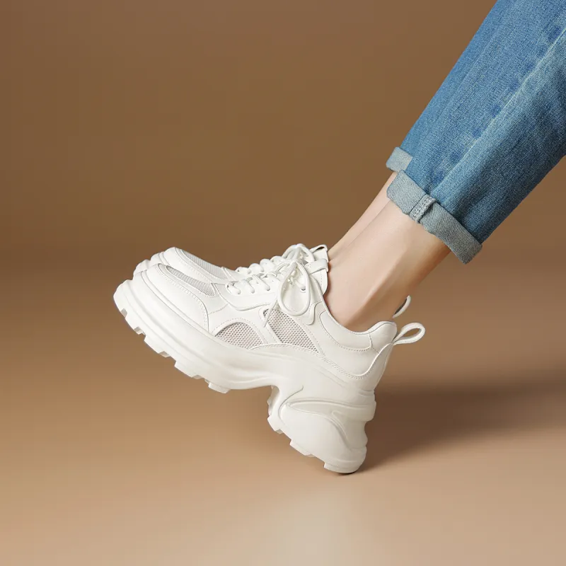 Rosa Bianca Breathable Lightweight Height Increasing Chunky Sneakers Women's White-3