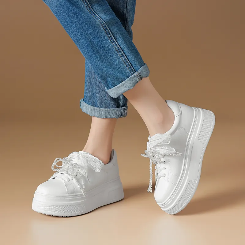 Rosa Bianca Lightweight Height Increasing Low Top Skateboard Shoes Women's White-5